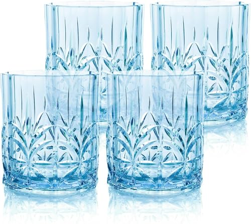 BELLAFORTE Bruchsichere Tritan-Kunststoff-Trinkgläser, kurz, 4er-Set, 370 ml, Myrtle Beach, unzerbrechlich, Kristallschliff, altmodische Trinkgläser für Whiskey, BPA-frei, spülmaschinenfest, Blau von BELLAFORTE