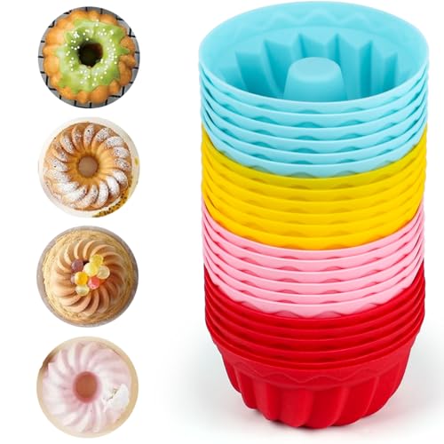 24 Stück‌ Mini Gugelhupfform Silikon Set, Gugelhupf Backform aus Silikon 4 Farben Wiederverwendbare Muffinformen für Cupcakes, Desserts & Snacks Ofen- & Mikrowellengeeignet Ø 6,5 cm, 2,7 cm Höhe von BELLALICHT