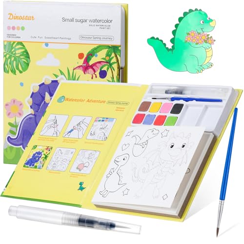 BELLALICHT 32 Seiten Aquarell Ausmalbuch für Kinder ab 3 bis 12 Jahren, Wasser-Malbuch, Kinder-Malblock-Set mit Farben und Pinsel，Kunsthandwerksgeschenk zum Zeichnen (Dinosaurier) von BELLALICHT