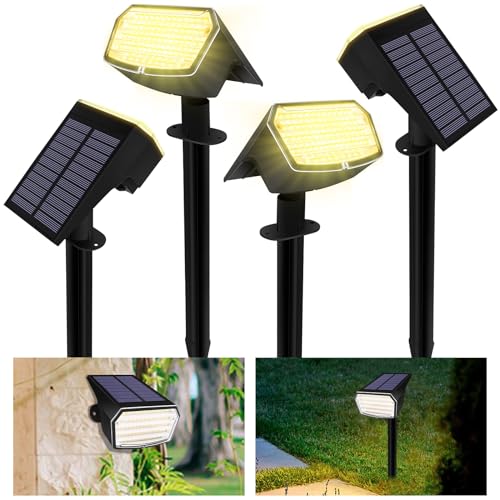 BELLALICHT Solarlampen für Außen 65 LED [4er-Pack Warmweiß 3000K] Solarstrahler Wasserdicht Solar LED Strahler Gartenleuchten Solarleuchten für Garten Weg Hof Garage von BELLALICHT