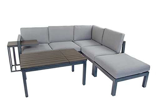 BELLAVISTA Gartenmöbel-Set Braga | Hellgrau | 5-teilig mit 2 Sofa | Hocker | Beistelltisch | Tisch | Pulverbeschichtetes Aluminium | Outdoor | Für den Außenbereich | Wetterfest von BELLAVISTA