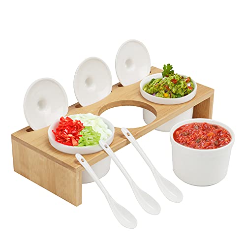 Belle Vous Servierschalen Set Porzellan mit Löffeln und Deckeln - 3 Servier Schälchen mit Bambus-Aufbewahrungsständer - Ideal für Soße, Dips, Gewürze, Kräuter, Snacks, Salz, Pfeffer, Haus & Küche von BELLE VOUS