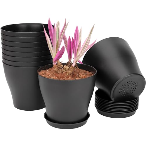 BELLE VOUS 10 Stück 13,5 cm Schwarze Kunststoff Blumentopf mit Untersetzer - Großer Blumentopf mit Drainagelöchern - Blumentöpfe für Zimmerpflanzen & Balkon Sukkulenten Kaktus von BELLE VOUS