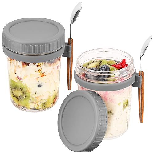 BELLE VOUS 2 Stück Haferbehälter mit Deckel und Löffel - Luftdichte 350 ml Joghurtbecher To Go - Overnight Oats Gläser für Haferflocken, Müsli, Joghurt, Obst & Milch - Für Frühstück Unterwegs von BELLE VOUS
