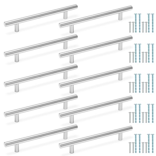BELLE VOUS 10er Set Edelstahl Schrankgriffe - 128 mm x 190 mm - Silberne T-Griffe - Möbelgriffe - Griffe für Küchenschränke oder Schubladen - Küchengriffe - Küchenschrank Griffe von BELLE VOUS