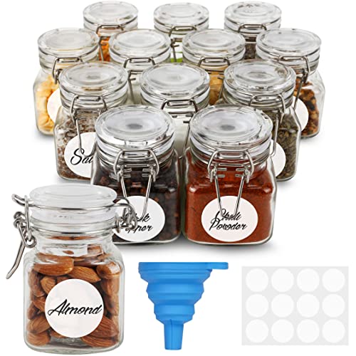 BELLE VOUS 12 Stück Luftdichte Gewürzdosen aus Glas mit Scharnierdeckel - 120 ml - Wiederverwendbare Aufbewahrungsbehälter mit Etiketten & Trichter - Set für Küche, Lebensmittel & Gewürze von BELLE VOUS