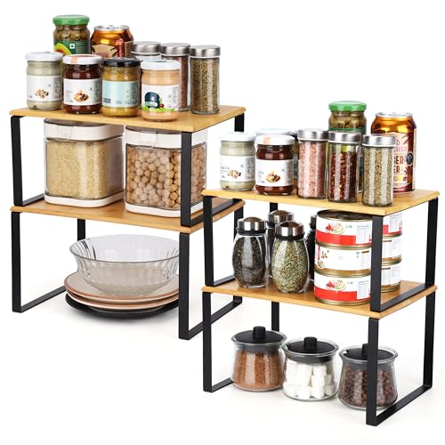 BELLE VOUS 2 Stk Stapelbares Regal Küche aus Natürlichem Bambus - Stapelbares und Erweiterbares Regal für Küchenschrank, Bad und Vorratskammer - Multifunktionales Küchenregal Organizer von BELLE VOUS