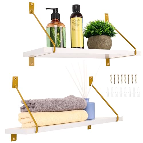 BELLE VOUS 2er Pack Holz Wandregal - Wandbord Set für die Küche Büro Wohnzimmer - 2er Set Regal Bretter hängend 40cm L - Küchenregal mit Metall Holz Konstruktion - Weiß Gold von BELLE VOUS