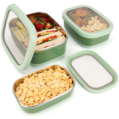 BELLE VOUS 3 Teiliges Lunchbox Edelstahl Set mit Rutschfester Außenseite - BPA-Freie - Bentobox Lunchbox Mikrowellengeeignet, Brotdose Edelstahl Spülmaschinen- & Gefriergeeignet von BELLE VOUS