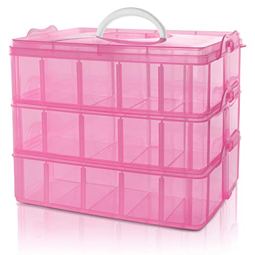 BELLE VOUS 3-stöckige Aufbewahrungsbox Plastik Stapelbar Pink - Sortierkasten bis 30 Verstellbare Fächer zur Aufbewahrung von Nähzubehör, Bügelperlen, Schmuck, Kleinteile, Bastelkiste, Spielzeug von BELLE VOUS