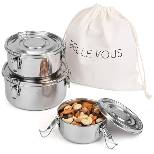 BELLE VOUS 3er Pack Brotdose Edelstahl - Lunchbox Set mit Tasche - Bento Box - Auslaufsichere Lunchbox - Metall Vesperdose für Snacks Obst Müsli Suppen - Brotzeitbox BPA-frei von BELLE VOUS