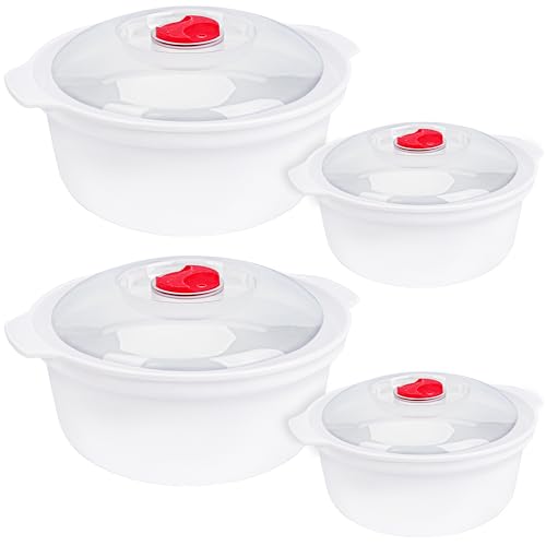 BELLE VOUS 4 tlgs Mikrowellengeschirr mit Deckel Kunststoff Set - 800-1300 ml BPA-Freie Runde Reiskocher Mikrowelle Kochtöpfe mit Dampfregelventilen - Gefrierschrank- & Spülmaschinenfest von BELLE VOUS