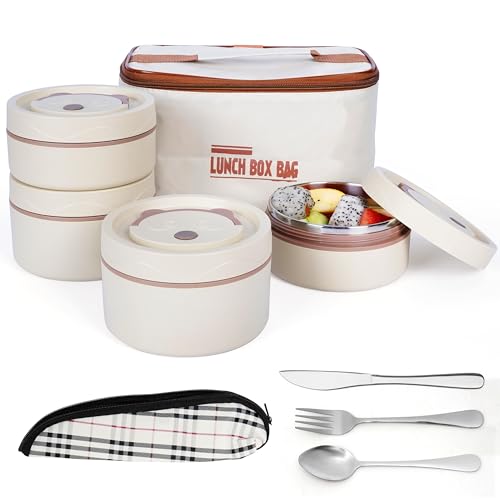 BELLE VOUS 5-teiliges tragbares isoliertes Lunchbox-Set mit Besteck - 4 Edelstahl Thermobehälter für Essen - Stapelbar und auslaufsicher - Thermo Lunchbox für Erwachsene - Beige von BELLE VOUS