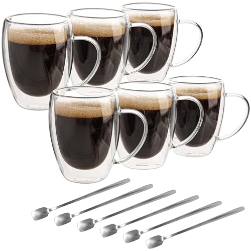 BELLE VOUS 6er Pack Doppelwandige Kaffeegläser aus Glas - 350 ml Thermogläser Doppelwandig Isoliert mit Griffen - Borosilikatglas Kaffee Tassen für Tee, Kaffee, Cappuccino & Milchkaffee von BELLE VOUS