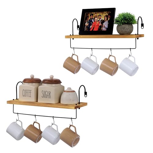 BELLE VOUS Küchenregal aus Holz 2er Pack - Wandregal Küche mit Schiene und Haken - Wandregal für Kaffeebars - Küchenregal Wand - Regalbrett - Hängeregal Küche - Küchenregal hängend von BELLE VOUS