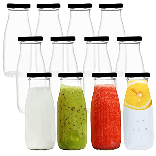 BELLE VOUS Mehrweg Milchflaschen Glasflasche mit Schraubverschluss Metall Deckel (12Stk) - 300ml Vintage Milchflasche Glas Set Milch Wasserflasche Durchsichtig für Smoothies, Grillen, Hochzeit, Party von BELLE VOUS