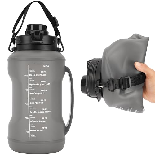 BELLE VOUS Trinkflasche 2 Liter - Zusammenklappbar - Silikon - Thermoskanne 2 L - mit Griff und Strohhalm - Wiederverwendbarer Becher 2l - für Camping und Fitnessstudio - Grau von BELLE VOUS