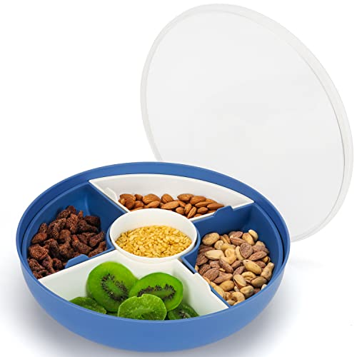 BELLE VOUS Unterteiltes Snack Tablett Rund mit Deckel - 28,5 cm, 1 Dip Schälchen & 4 Snack Schalen - Wiederverwendbares Kunststoff-Tablett Serviertablett für Snacks, Obst, Nüsse, Süßigkeiten & Gemüse von BELLE VOUS
