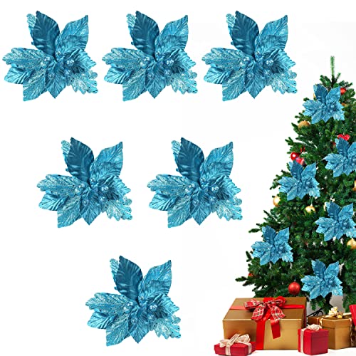 BELLE VOUS Weihnachtsdeko Blumen (6Stk) - 32cm Glitzer Blumen Weihnachten Blau Weihnachtsstern Künstlich mit Stiel für Christbaumschmuck, Adventskranz, Girlande Weihnachten, Hochzeit und Party Deko von BELLE VOUS