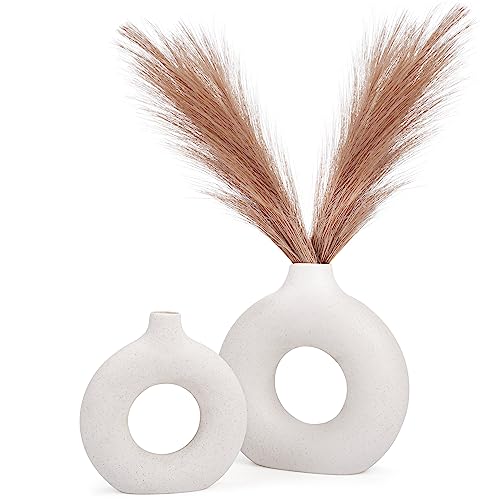 Belle Vous (2er Pack) Keramik Vase Beige Donut Vase - Blumenvase Modern Vase für Pampasgras & Blumen - Boho Vasen Deko für Wohnzimmer, Büro, Schlafzimmer, Hochzeit & Party von BELLE VOUS