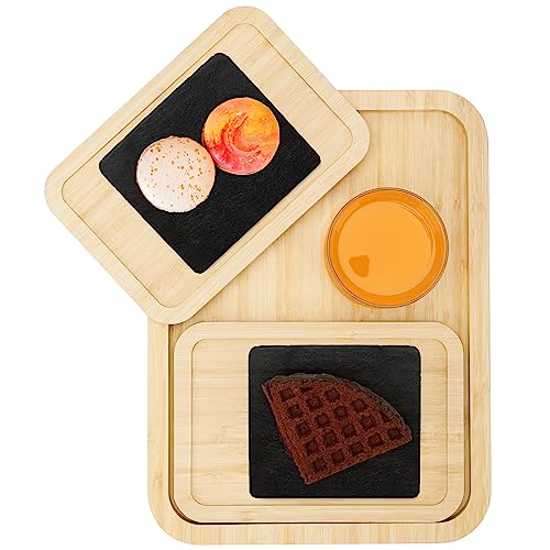Belle Vous (3er Pack) Bambus Tablett Serviertablett - 1 Großes & 2 Kleine Holztabletts - Tablett Holz Set für Speisen, Getränke, Frühstück, Abendessen & Mehr - Umweltfreundlich & Verschachtelbar von BELLE VOUS