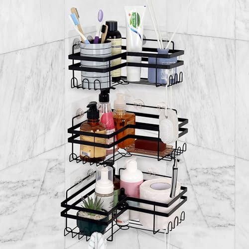 Belle Vous (3er Pack) Duschablage Ecke Ohne Bohren mit Haken - Selbstklebendes Duschregal Ecke aus Eisen - Eckablage Dusche für Seife, Shampoo oder Küchenaufbewahrung von BELLE VOUS