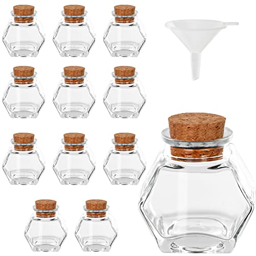 BELLE VOUS 12er Pack Sechseck Kleine Glasflaschen zum Befüllen mit Korkdeckel - 45-50 ml - Luftdichte Kleine Fläschchen Gewürzgläser mit Korken & Trichter für Hochzeitsgeschenke, Gewürze & Marmelade von BELLE VOUS