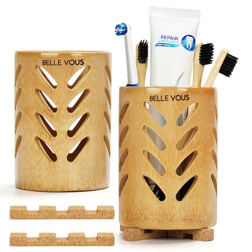 Belle Vous 2er Pack Bambus-Zahnbürsten Halter mit Drainage - Umweltfreundlicher Zahnputzbecher Bambus mit Korkboden - Reisegröße Zahnbürstenhalter Bad - Rasierer, Zahnpasta & Zahnbürsten Aufbewahrung von BELLE VOUS
