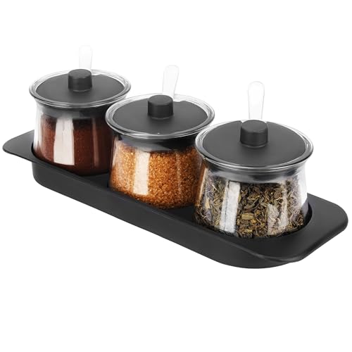 Belle Vous 4er Set Gewürzgläser mit Tablett - Gewürzdosen Set - Aufbewahrungsbehälter mit Deckeln und Löffeln - Gewürzgläser - Zuckerdose - Glasdosen mit Deckel Set - Honigglas von BELLE VOUS