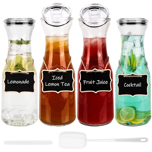 Belle Vous 4er Set Glaskaraffe mit Deckel - 1.1L Karaffe für Saft oder Eistee - Für heiße und kalte Getränke - Wasserkaraffe mit Deckel für Brunch oder Cocktails - Karaffe Glas von BELLE VOUS