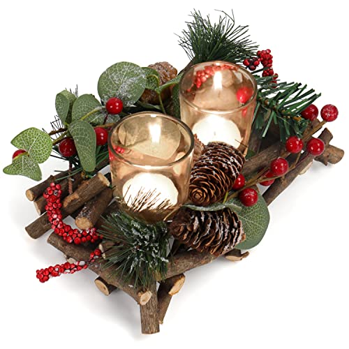Belle Vous Adventskranz mit Teelichter - 14 x 22 cm - 2 Gläser - Kerzenhalter Deko Beeren & Tannenzapfen - Teelichthalter für Zuhause, Hochzeit & Weihnachtsdeko von BELLE VOUS