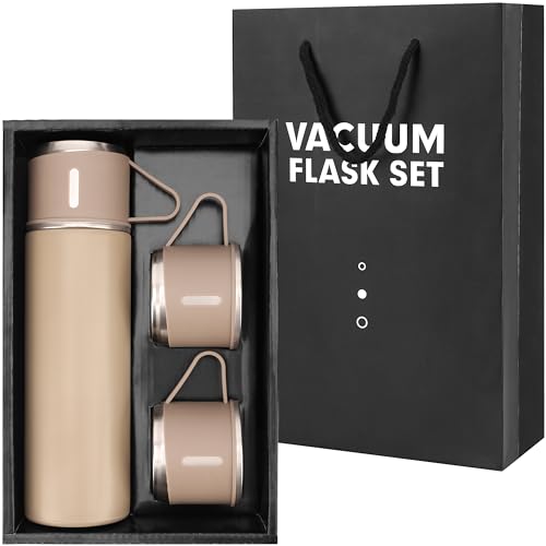 Belle Vous Beige Thermosflasche aus Edelstahl mit Deckel und 2 Becher - 500ml Doppelwandige Thermoskanne mit Becher - auslaufsichere Thermos Flasche für heiße und kalte Getränke von BELLE VOUS