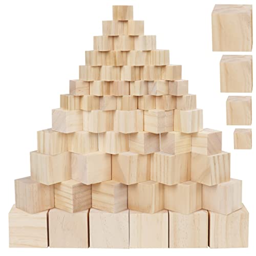 BELLE VOUS 100 Stk Blanko Holzwürfel - 4 Verschiedene Größen - Naturbelassene Quadratische Kiefernholzblöcke - Holz zum Basteln und Bemalen, für Holzblock Stempel, Alphabet- & Zahlenbausteine von BELLE VOUS