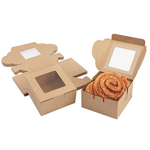 Belle Vous Braune Kraftpapier Geschenkboxen für Gebäck mit Sichtfenster (50Stk) – 10,16x10,16x5,7cm Karton Box Verpackung – Cupcake Schachtel Einweg Pappschachtel für Kekse, Kuchen, Dessert, Geschenke von BELLE VOUS