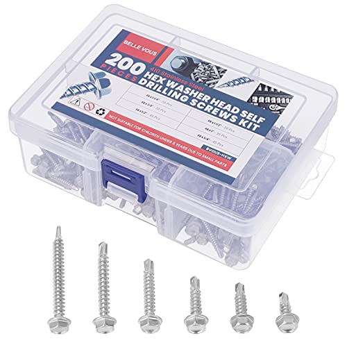 Belle Vous Sechskantschrauben M8 Edelstahl Selbstbohrende TEK Schrauben (200Stk) – 6 Größen HEX Edelstahlschrauben – Gewindeschrauben M8 Metall, Schraubensortiment Sechskant für Bauwesen, Konstruktion von BELLE VOUS