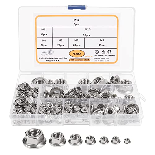 Belle Vous 140 Stück Edelstahl Muttern Set - M3, M4, M5, M6, M8, M10 & M12 Mutter - Sechskant-Sicherungs-Muttern Sortiment mit Aufbewahrungsbox - Gezahnter Flanschsatz für Heimwerker von BELLE VOUS