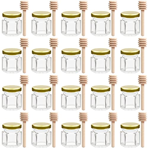 BELLE VOUS (20er-Pack Hexagon Honigglas mit Honiglöffel aus Holz - 40 ml Honigspender Tropffrei Glas Behälter mit Deckel für Marmeladen & Gewürze - Kleine Honiggläser Gastgeschenk für Hochzeit/Party von BELLE VOUS