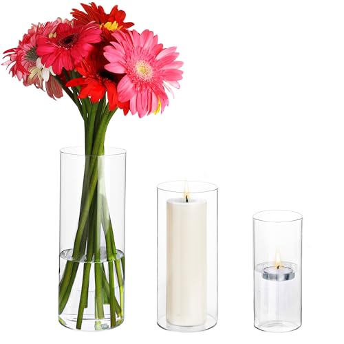 Belle Vous Kerzenhalter aus Glas, Zylinder, 3 Größen, transparent, Hurricane-Vasenhalter für Votivkerzen, Stumpenkerzen oder schwimmende Kerzen, dekoratives Herzstück für Tische, Hochzeiten, Zuhause von BELLE VOUS
