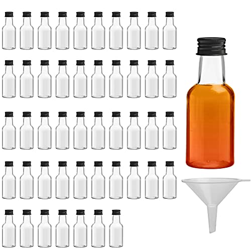 BELLE VOUS Kleine Schnapsflaschen (48er Pack) - 25ml - Wiederverwendbare Kleine Flaschen zum Befüllen aus Kunststoff mit Schwarzem Schraubverschluss, Flüssigkeitstrichter zum Ausgießen & Befüllen von BELLE VOUS
