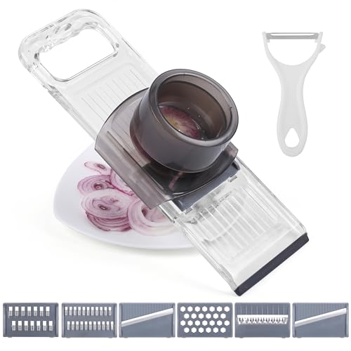 Belle Vous Verstellbarer 6-in-1 Gemüsehobel - Küchen Mandoline Schneider aus Edelstahl für Kartoffeln Zwiebeln Obst - Küchenhobel verstellbar - Gemüseschneider - Vegetable Slicer von BELLE VOUS