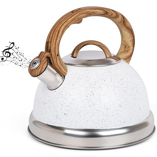 Belle Vous Weiß texturierter Pfeifkessel - 3L Teekanne für Herd/Induktionsherd - Edelstahl Wasserkessel Induktion - Teekessel Induktion - Wasserkocher Induktion - Für Tee/Kaffee von BELLE VOUS