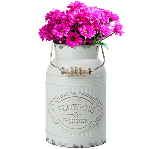 Belle Vous Weiße Rustikale Deko Blumenvase aus Metall - D12,8 x H20,5 cm - Galvanisierte Milchkanne Deko Vase im Shabby Chic Vintage Stil - Deko Landhausstil Vase für Haus- & Garten Tischdeko von BELLE VOUS