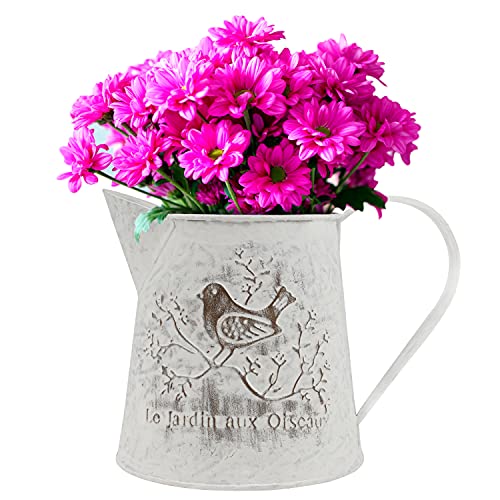 BELLE VOUS Vintage Blumentopf Metallvase Retro 13 cm - Französische Milchkanne Deko Landhausstil mit Griff - Rustikale Vintage Blumenvase mit Vogel Deko - Topf für Haus, Hochzeit und Büro von BELLE VOUS