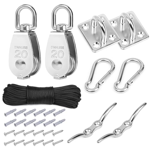 Belle Vous 2x Edelstahl M20 Flaschenzug Umlenkrollen für Seile Set - Drehhaken Seilrolle Nylon Seil Karabiner Clip & Augenpolster Platte - 150kg Belastbarkeit von BELLE VOUS