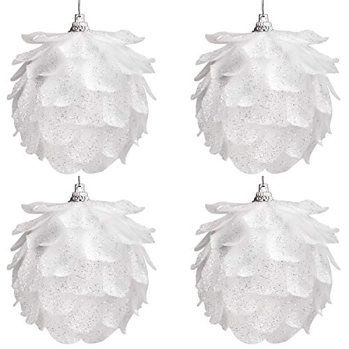 BELLE VOUS Christbaumschmuck Zapfen (4er Pack) - Glitzer Zapfen Deko Pinienzapfen - Weihnachtsdeko Silber mit Faden - Christbaumschmuck Weiß - Weihnachtsbaumschmuck Weiß von BELLE VOUS