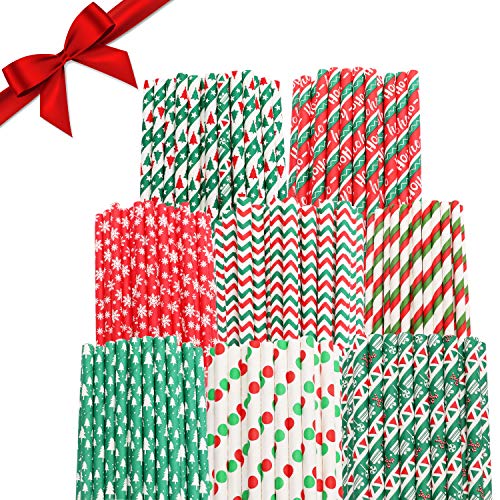 Weihnachts-Strohhalm Papier Strohhalme (200er Pack) Biologisch Abbaubar, Zweifarbige Dekorative Papier Trinkhalme mit Weihnachtsmotiven in 8 Verschiedenen Designs - Mehrweg Strohhalme Weihnachten von BELLE VOUS