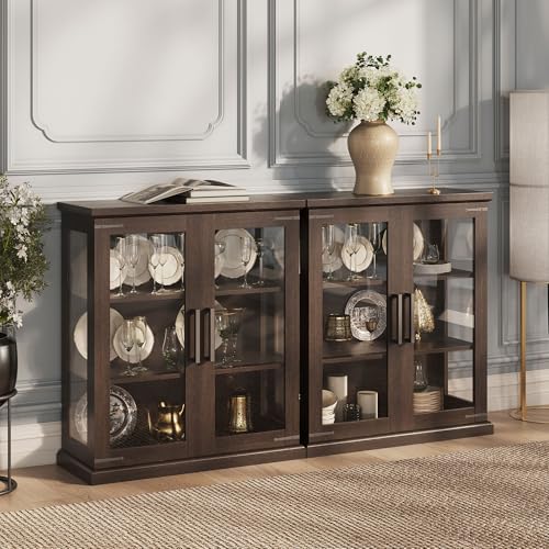 BELLEZE 2er Set Glasvitrine 91,4 cm hoch Schrank mit Regalen und Glastüren für Eingangsbereich, Wohnzimmer, Flur oder Küche - Ashford (Espresso) von BELLEZE