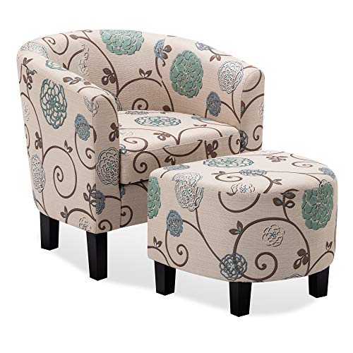 BELLEZE Akzentstuhl mit Ottoman-Set, moderner gepolsterter Stuhl, gebogener Rückenlehne, runder Stuhl, Lesesessel und Fußstütze für Wohnzimmer, Schlafzimmer, Blumenmuster, Beige/Leinen BELLEZE Akzentstuhl mit Ottoman-Set, moderner gepolsterter Stuhl, gebogener Rückenlehne, runder Stuhl, Lesesessel und Fußstütze für Wohnzimmer, Schlafzimmer, Blumenmuster, Beige/Leinen von BELLEZE