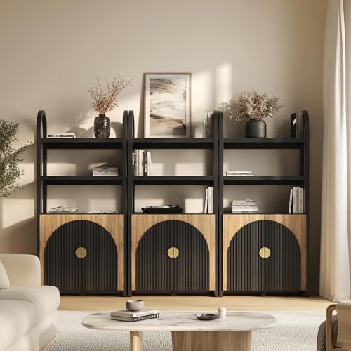 BELLEZE Bücherregal, 182,9 cm hoch, gewölbtes Bücherregal mit Stauraum, 3 Etagen, modernes Bücherregal mit Türen, modulare Bücherregale für Wohnzimmer, Büro, Bibliothek, 3er-Set (Kamel) von BELLEZE