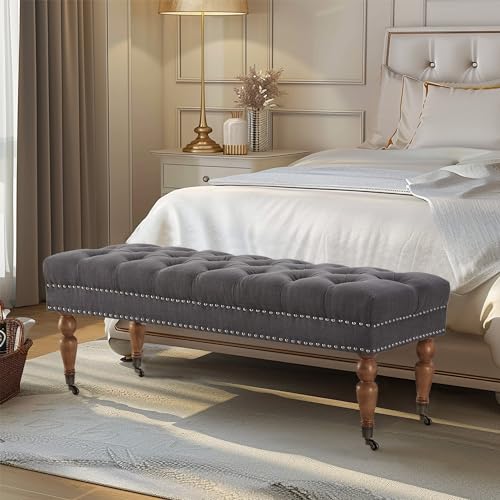 BELLEZE Gepolsterte Ottoman-Bank, bewegliche, getuftete Ottoman-Bank mit Lenkrollen, getuftete Ottomane für Wohnzimmer, Eingangsbereich oder Schlafzimmer, 119 cm (47 Zoll), Brooke (Dunkelgrau) von BELLEZE